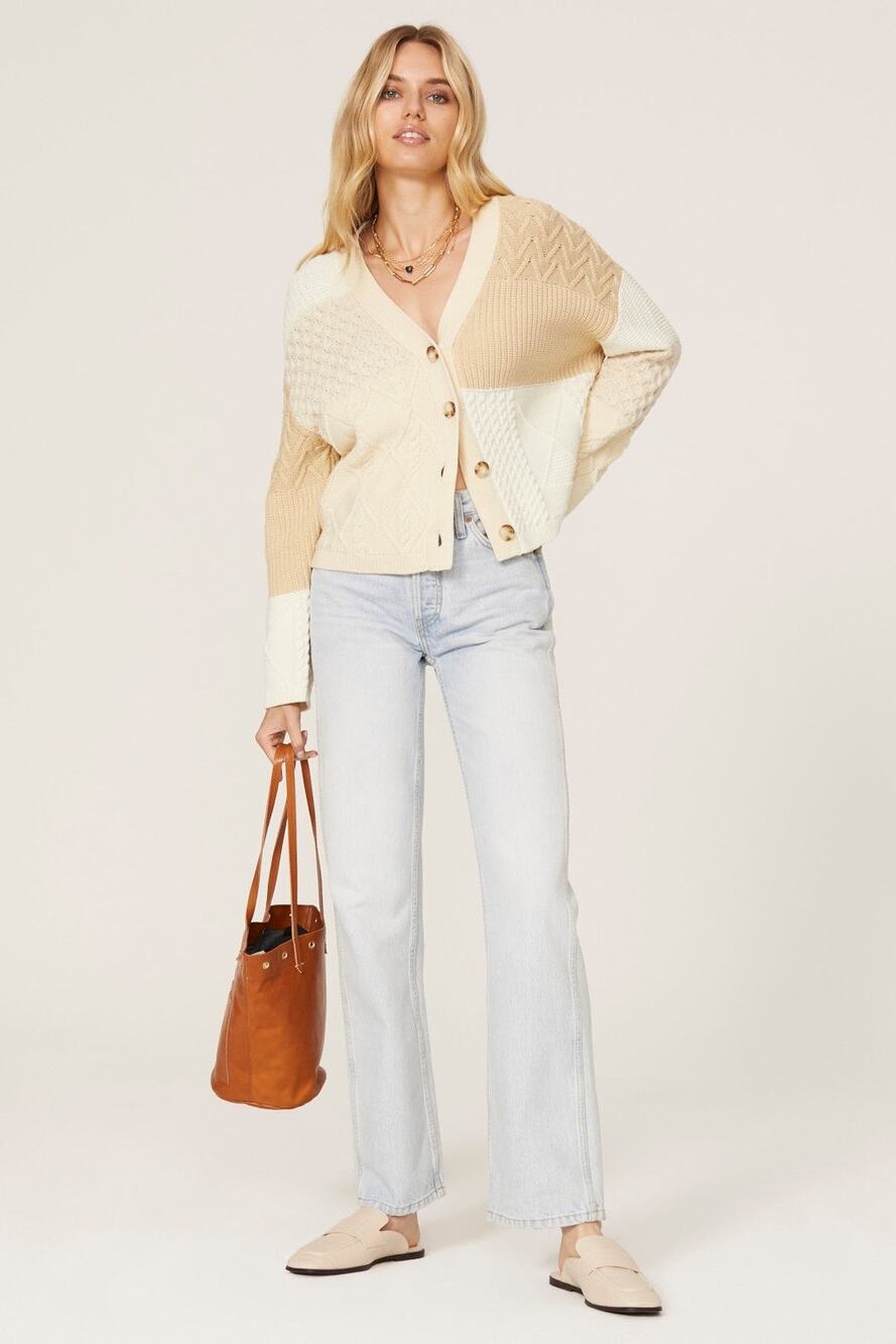 Rails Reese Cable Knit Cream Patchwork Button Front Cardigan Sweater Size Medium